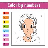 Color by numbers. Beautiful girl. Activity worksheet. Game for children. Cartoon character. Vector illustration.