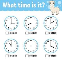 Learning time on the clock. Educational activity worksheet for kids and toddlers. Game for children. Simple flat isolated color vector illustration in cute cartoon style.