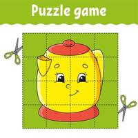 Puzzle game for kids. Education developing worksheet. Learning game for children. Kitchen kettle. Color activity page. For toddler. Riddle for preschool. Isolated vector illustration in cartoon style.