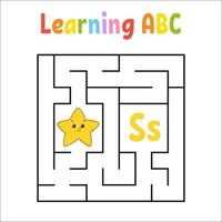 Square maze. Game for kids. Quadrate labyrinth. Education worksheet. Activity page. Learning English alphabet. Cartoon style. Find the right way. Color vector illustration.