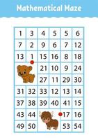 Mathematical rectangle maze. bear and yak. Game for kids. Number labyrinth. Education worksheet. Activity page. Riddle for children. Cartoon characters. vector