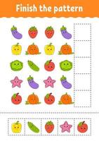 Finish the pattern. Cut and play. Fruits and vegetables. Education developing worksheet. Activity page.Cartoon character. vector