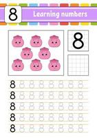 Number 8. Trace and write. Handwriting practice. Learning numbers for kids. Education developing worksheet. Activity page. Isolated vector illustration in cute cartoon style.