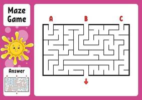 Rectangle maze. Game for kids. Three entrances, one exit. Puzzle for children. Labyrinth conundrum. Color vector illustration. Find the right path. With answer. Cartoon character. Education worksheet.