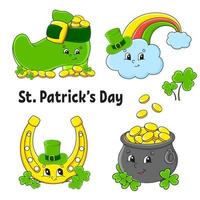 juego de pegatinas de colores para niños. bota de duende, olla de oro, moneda de oro, trébol, arco iris mágico, herradura. S t. día de San Patricio. Personajes de caricatura. trazo negro. ilustración vectorial aislada. vector