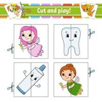 Cut and play. Flash cards. Color puzzle. Tooth, toothpaste, fairy. Education developing worksheet. Activity page. Game for children. Funny character. Isolated vector illustration. Cartoon style.