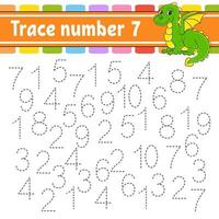 Trace number 7. Handwriting practice. Learning numbers for kids. Education developing worksheet. Activity page. Game for toddlers and preschoolers. Isolated vector illustration in cute cartoon style.