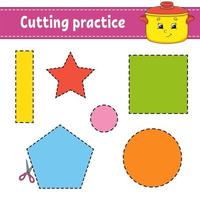 Cutting practice for kids. Education developing worksheet. Activity page with pictures. Color game for children. Isolated vector illustration. Funny character. Cartoon style.