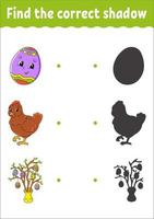 Find the correct shadow. Education developing worksheet. Matching game for kids. Color activity page. Puzzle for children. Cute character. Vector illustration. Cartoon style.