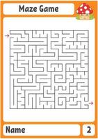 Square maze. Game for kids. Puzzle for children. Labyrinth conundrum. Color vector illustration. Find the right path. The development of logical and spatial thinking.