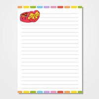 Sheet template for notebook, notepad, diary. Lined paper. Cute character candy box. With a color image. Isolated vector illustration. Cartoon style.