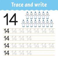 Trace and write. Number 14. Handwriting practice. Learning numbers for kids. Activity worksheet. Cartoon character. vector