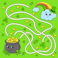 Funny maze for kids. Pot, rainbow. St. Patrick's day. Puzzle for children. Cartoon character. Labyrinth conundrum. Color vector illustration. Find the right path.