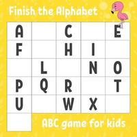 Finish the alphabet. ABC game for kids. Education developing worksheet. Pink flamingo. Learning game for kids. Color activity page. vector