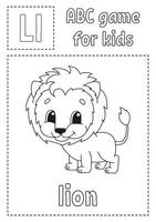 Letter L is for lion. ABC game for kids. Alphabet coloring page. Cartoon character. Word and letter. Vector illustration.