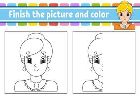 Finish the picture and color. Beautiful cute fashionable girl with jewelry. Cartoon character isolated on white background. For kids education. Activity worksheet. vector