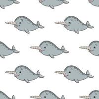 Happy narwhal. Colored seamless pattern with cute cartoon character. Simple flat vector illustration isolated on white background. Design wallpaper, fabric, wrapping paper, covers, websites.