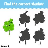 Find the correct shadow. Education developing worksheet. Matching game for kids. Activity page. Puzzle for children. Cartoon character. Isolated vector illustration. St. Patrick's day.