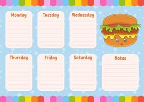 School schedule. Timetable for schoolboys. Empty template. Weekly planer with notes. Isolated color vector illustration. Cartoon character.