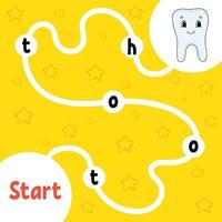 Healthy tooth. Logic puzzle game. Learning words for kids. Find the hidden name. Education developing worksheet. Activity page for study English. Isolated vector illustration. Cartoon style.