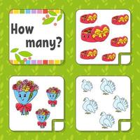 Counting game for children. Happy characters. Learning mathematics. How many object in the picture. Education worksheet. With space for answers. Isolated vector illustration in cute cartoon style.