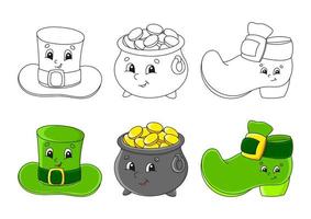 Set coloring page for kids. St. Patrick's Day. Leprechaun hat. Pot of gold. Leprechaun boot. Cute cartoon characters. Black stroke. Vector illustration. With sample.