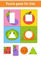 juego de rompecabezas para niños. práctica de corte. frutas y vegetales. hoja de trabajo de desarrollo educativo. página de actividad personaje de dibujos animados. vector