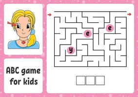 ABC maze for kids. Answer eye. Rectangle labyrinth. Activity worksheet. Puzzle for children. Cartoon style. Logical conundrum. Color vector illustration.
