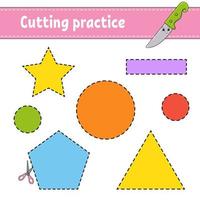 Cutting practice for kids. Education developing worksheet. Activity page with pictures. Color game for children. Isolated vector illustration. Funny character. Cartoon style.