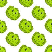 Happy cabbage. Colored seamless pattern with cute cartoon character. Simple flat vector illustration isolated on white background. Design wallpaper, fabric, wrapping paper, covers, websites.