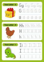 Writing letters. Tracing page. Practice sheet. Worksheet for kids. exercise for preschools. Learn alphabet. Cute characters. Vector illustration. Cartoon style.