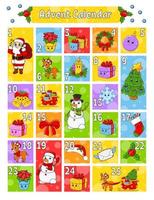 Christmas advent calendar with cute characters. Santa claus, deer, snowman, fir tree, snowflake, gift, bauble, sock. Cartoon style. With numbers 1 to 25. Vector illustration. Holiday preparation.