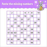 Paste the missing numbers from 1 to 100. Handwriting practice. Learning numbers for kids. Education developing worksheet. Game for children. Isolated vector illustration in cute cartoon style.