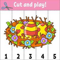 Learning numbers 1-5. Cut and play. Education worksheet. Game for kids. Color activity page. Puzzle for children. Riddle for preschool. Vector illustration. Cartoon style.