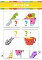 Cut and glue. Set flash cards. Color puzzle. Education developing worksheet. Activity page. Game for children. Funny character. Isolated vector illustration. Cartoon style.