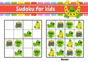 Sudoku for kids. Education developing worksheet. Cartoon character. Color activity page. Puzzle game for children. Logical thinking training. Isolated vector illustration. St. Patrick's day.