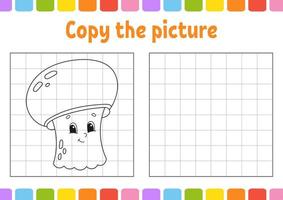 Copy the picture. Coloring book pages for kids. Education developing worksheet. Mushroom champignon. Handwriting practice. Funny character. Cute cartoon vector illustration.