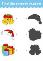 Find the correct shadow. Christmas theme. Education developing worksheet. Matching game for kids. Color activity page. Puzzle for children. Cute character. Vector illustration. Cartoon style.