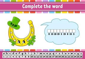 Complete the words. Cipher code. Learning vocabulary and numbers. Education worksheet. Activity page for study English. Isolated vector illustration. Cartoon character.