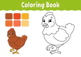 libro para colorear para niños. gallina encantadora. carácter alegre. ilustración vectorial. estilo de dibujos animados lindo. página de fantasía para niños. silueta de contorno negro. aislado sobre fondo blanco. vector