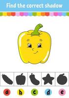 Find the correct shadow. Vegetable pepper. Education developing worksheet. Activity page. Color game for children. Isolated vector illustration. Cartoon character.