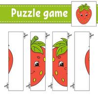 Puzzle game for kids. Berry strawberry. Cutting practice. Education developing worksheet. Activity page.Cartoon character. vector