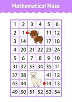 Mathematical rectangle maze. Yak and alpaca. Game for kids. Number labyrinth. Education worksheet. Activity page. Riddle for children. Cartoon characters. vector