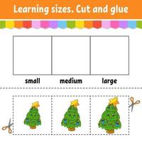 Learning sizes. Cut and glue. Easy level. Christmas theme. Color activity worksheet. Game for children. Cartoon character. Vector illustration.