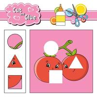 Cut and glue. Game for kids. Education developing worksheet. Cartoon character. Color activity page. Hand drawn. Isolated vector illustration.