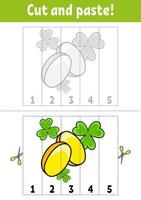 Learning numbers 1-5. Cut and glue. Cartoon character. Education developing worksheet. Game for kids. Activity page. Color isolated vector illustration. St. Patrick's day.