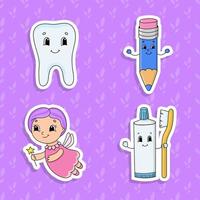 juego de pegatinas de colores brillantes para niños. lindos personajes de dibujos animados. ilustración vectorial aislado sobre fondo de color. vector