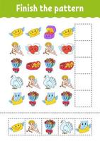 Finish the pattern. Cut and play. Education developing worksheet. Activity page. Valentine's Day. Cartoon character. vector
