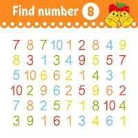 Find number. Education developing worksheet. Activity page with pictures. Game for children. Isolated vector illustration. Funny character. Cartoon style.