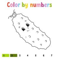 Color by numbers cucumber. Coloring book for kids. Vegetable character. Vector illustration. Cute cartoon style. Hand drawn. Worksheet page for children. Isolated on white background.